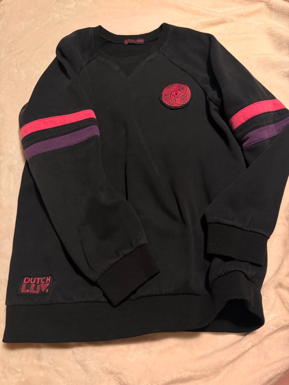 Dutch Bros Dutch Luv Black Crewneck Sweater with Pink & Purple Sleeve Stripes
